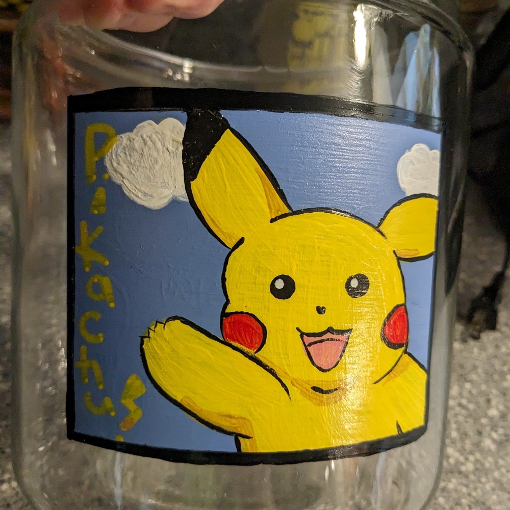 Huge glass Pikachu jar 7.5" for toys, figures, cards, display, unique only one